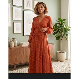 SHEIN Rust Orange Polka Dot Long-size XL Sleeve Wrap Maxi Dress With Smocked Wai